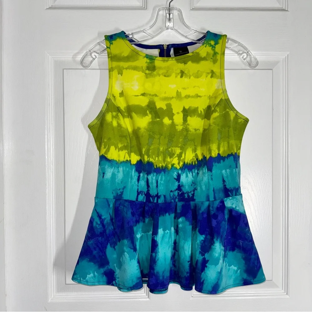 Worthington Vibrant Yellow and Blue Tye Dye Style Sleeveless Peplum Top Shirt S
